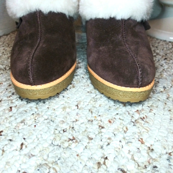 Vintage Y2K Jessica Simpson Brown Suede & Real Shearling Boho High Heeled Clogs - Picture 4 of 8